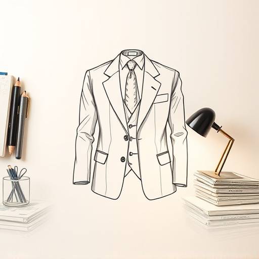 A detailed sketch of a suit pattern on paper, showing intricate lines and markings.