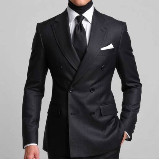 A sophisticated double-breasted charcoal grey suit with peak lapels.