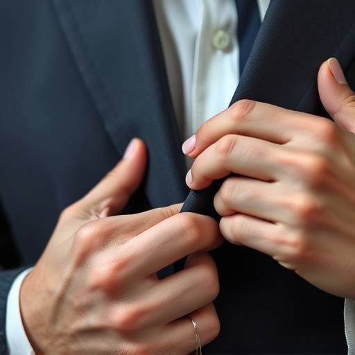 A tailor's hands skillfully working on a detailed lapel stitching of a bespoke jacket.